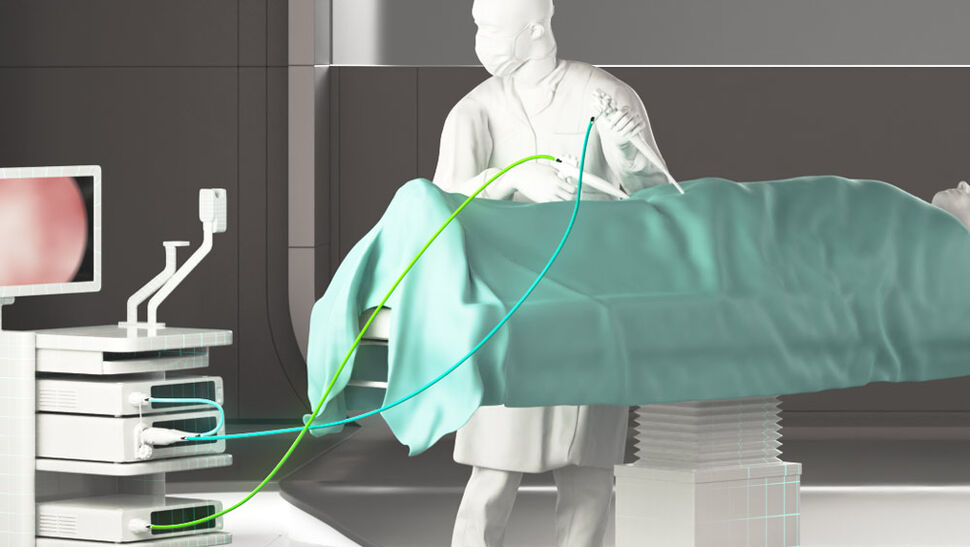 Closeup of endoscopic treatment with highlighted cables