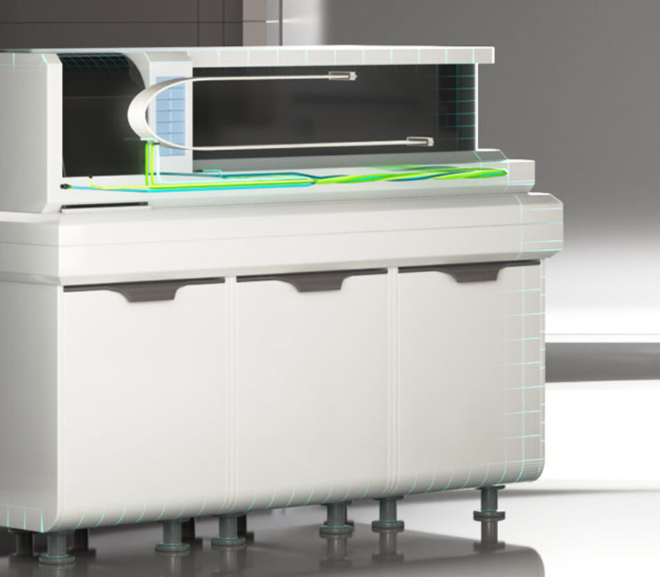 Cloesup on medical laboratory equipment units with cables highlighted inside the devices