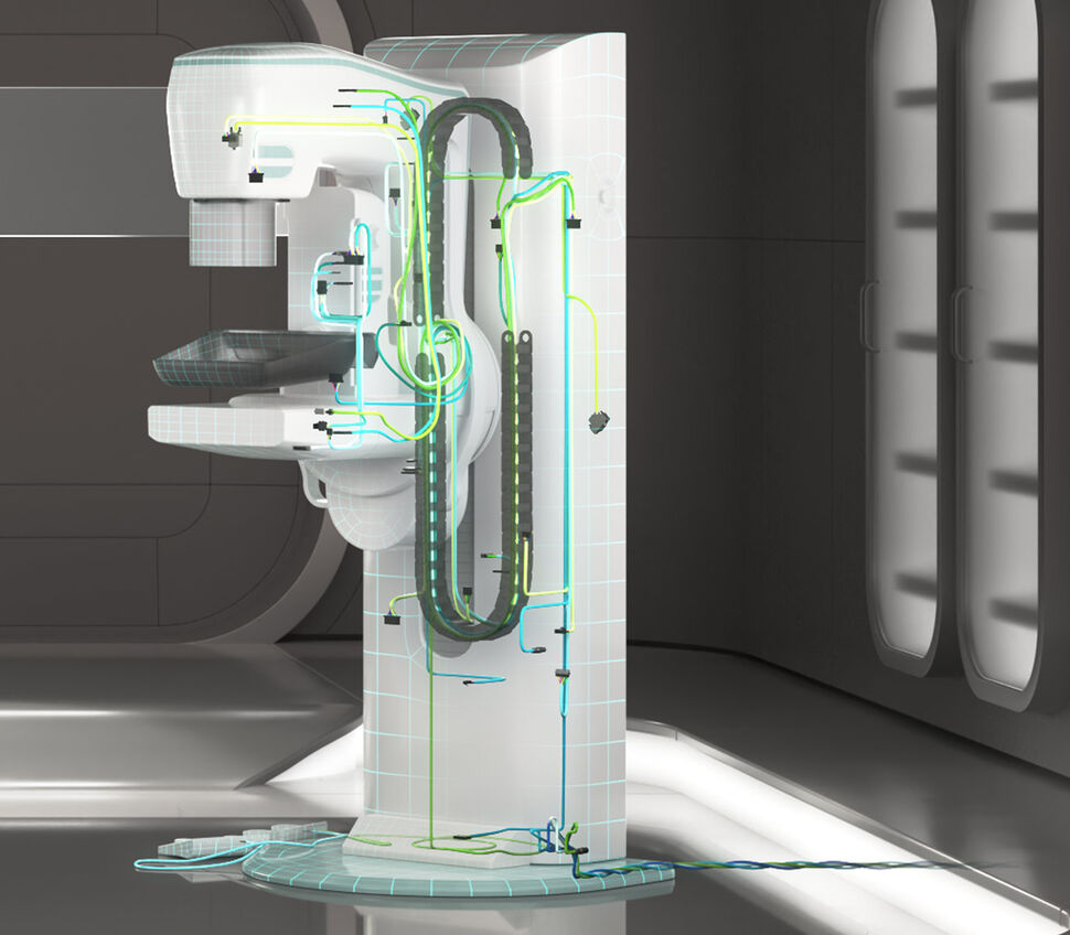 Closeup of total mammography device with indicated cabling inside