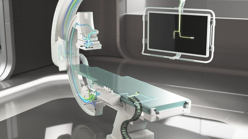 Closeup of X-ray C-arm device with indicated cabling inside