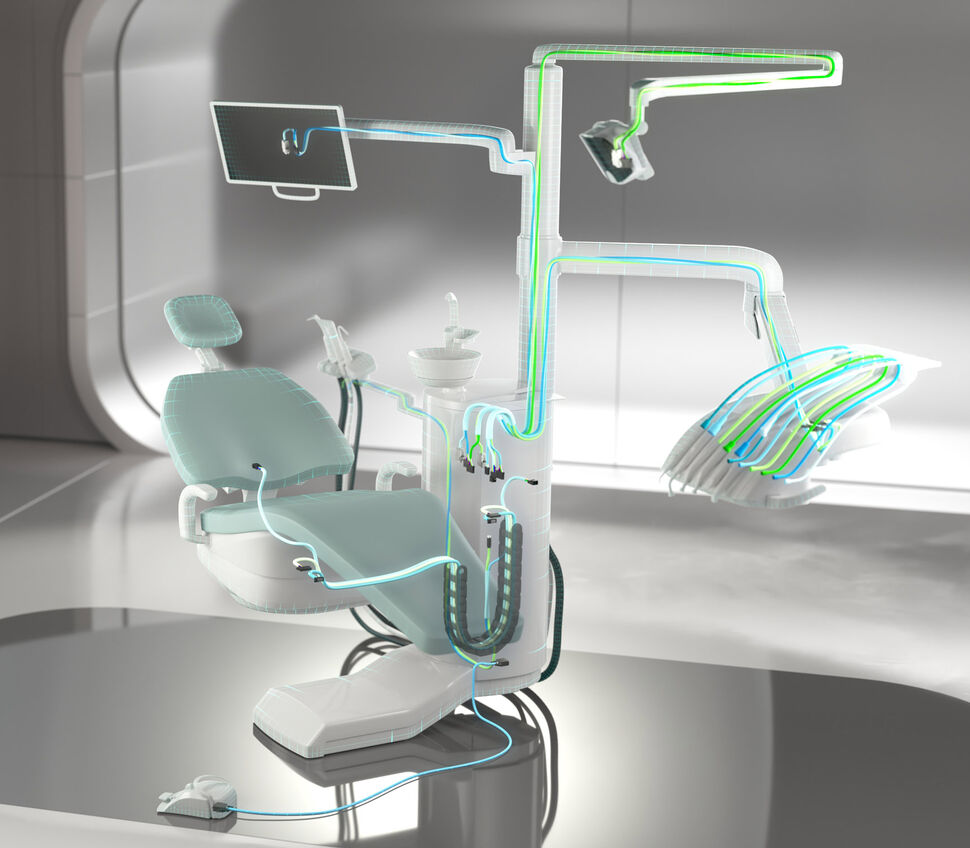 Closeup of dental treatment unit with indicated cabling inside