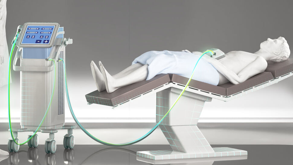 Closeup on person having an aesthetic fat freeze treatment and with highlighted cables belonging to the device