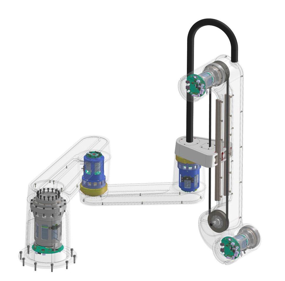Transparent image of a 5 axis of freedom PULSAR medical robot modular platform with a SCARA kinematic - linear axis
