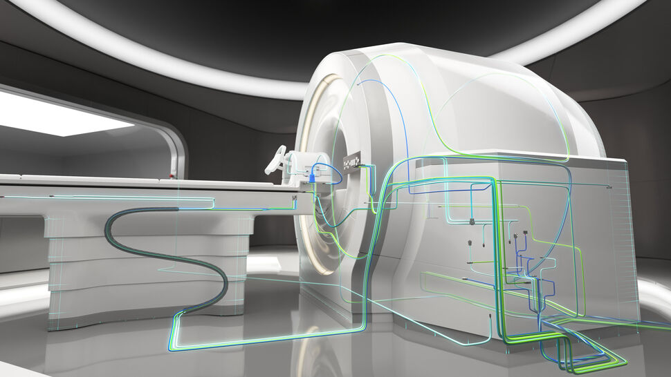 MRI scanner system in hospital room showing exemplary internal wiring and medical cable solutions installed.