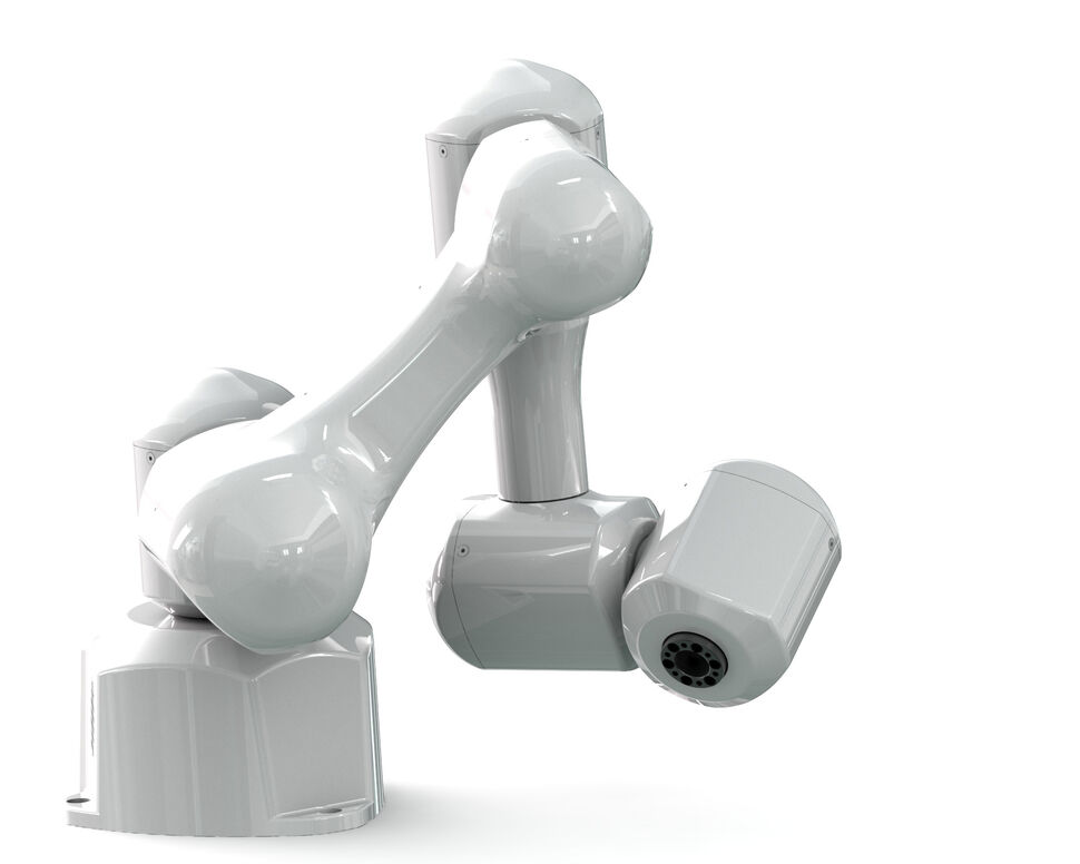Small white (color adjustable) 6 axis PULSAR medical robot modular platform, 3D printed plastic structure