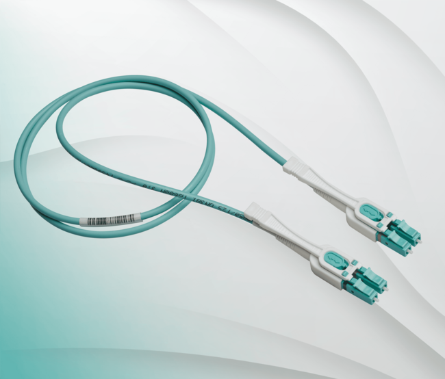 A short fiber optic patch cable with a uniboot connector on each end.