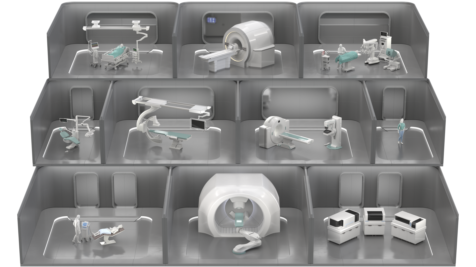 Illustration of rooms with different Medical Devices from Diagnostic Imaging, Patient Monitoring & Life Support up to Dentistry, Inner Body & Aesthetics.