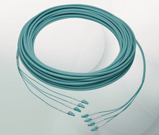 Fiber optic breakout cable with multiple terminated LC connectors.