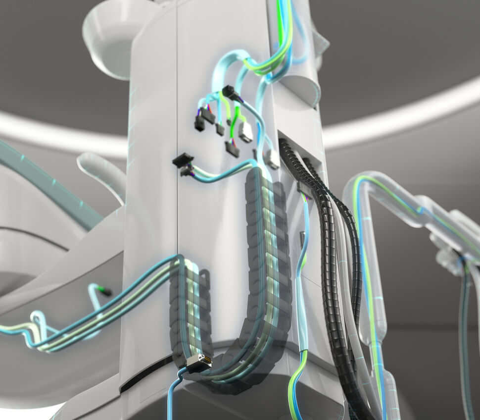 Zoom-in-view on transparent footstand of a dental treatment unit with visible cabling