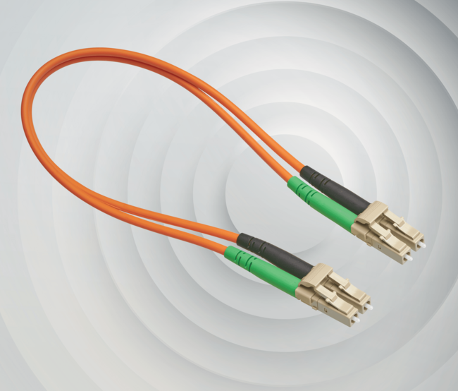 A short fiber optic patch cable with an LC duplex connector.