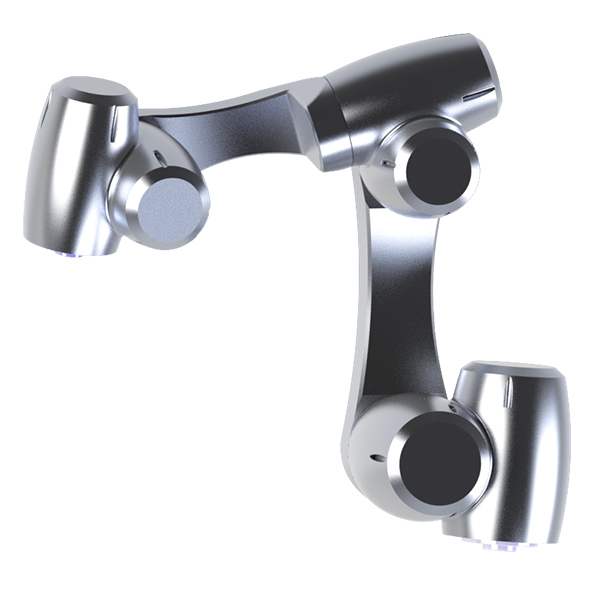 Example kinematic of a 6 axis PULSAR medical robot modular platform in aluminum with a silver shiny painting.